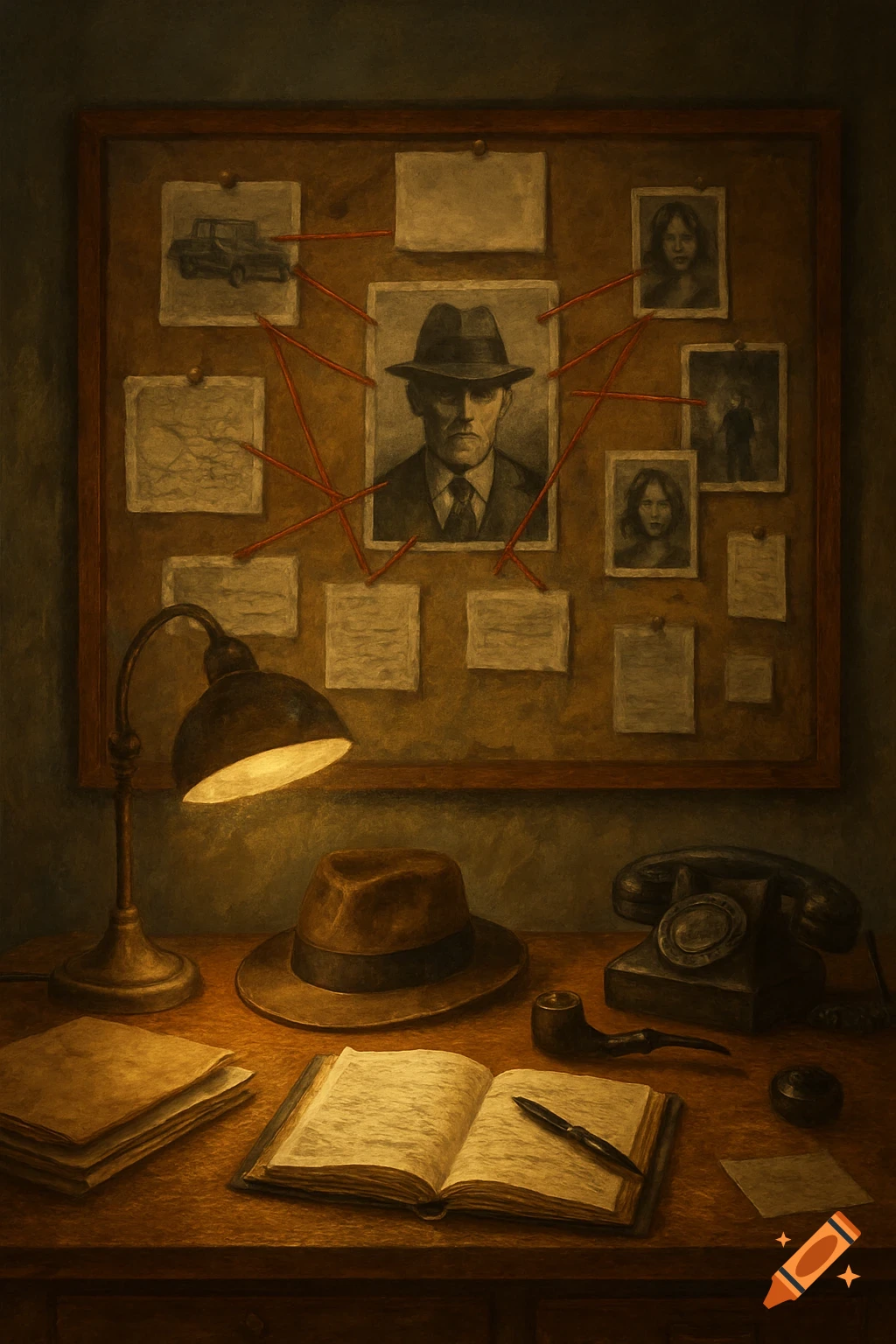Detective's desk with clue board, lamp, hat, and vintage phone.