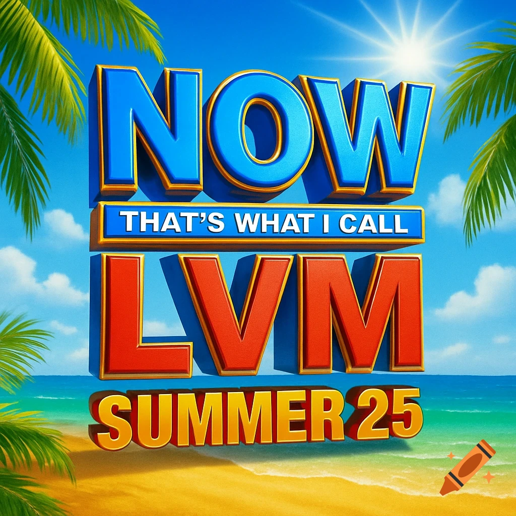 Stylized text 'NOW THAT'S WHAT I CALL LVM SUMMER 25' on an album cover with a beach background.
