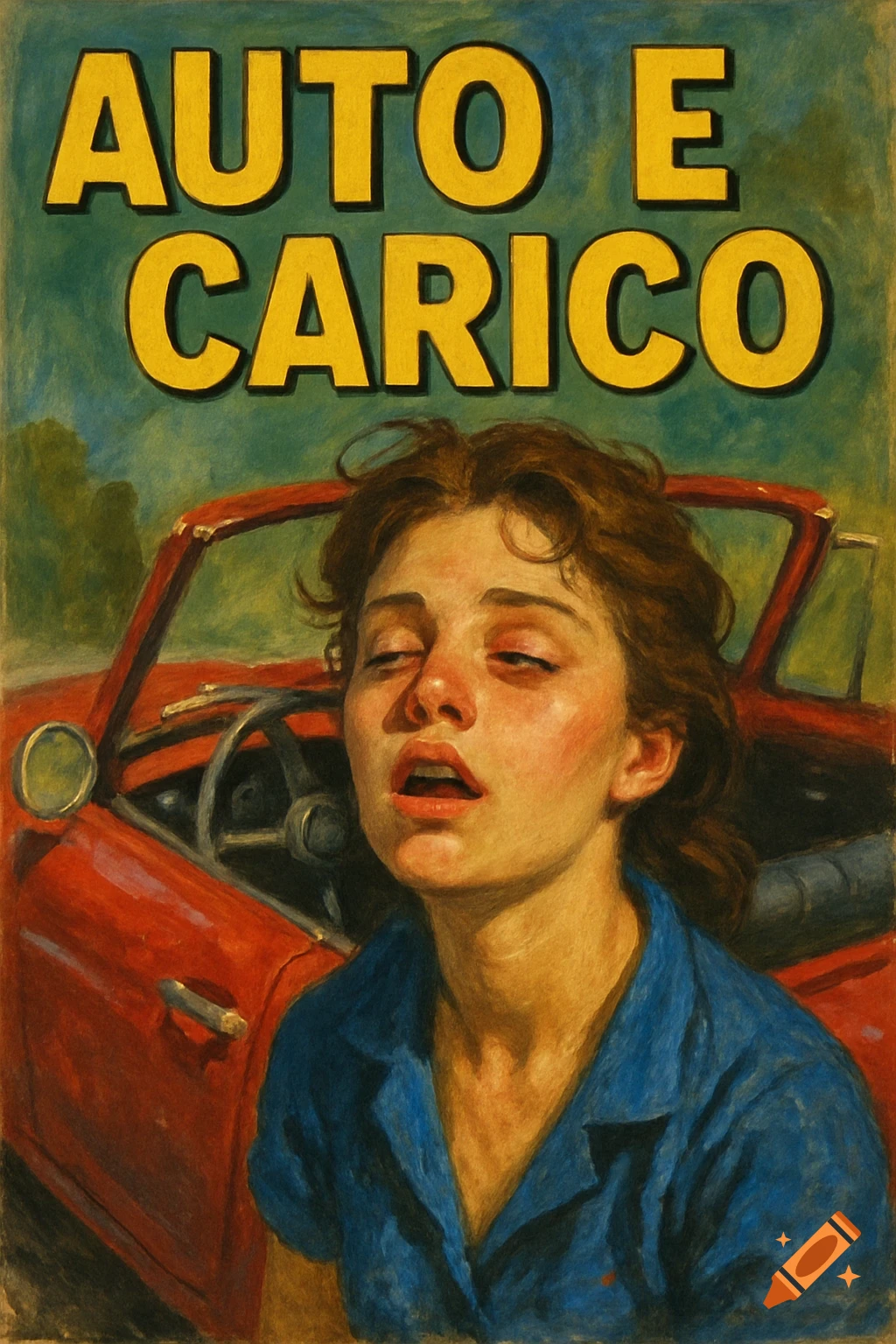 A woman in a red convertible with 'AUTO E CARICO' text above, retro illustration style.