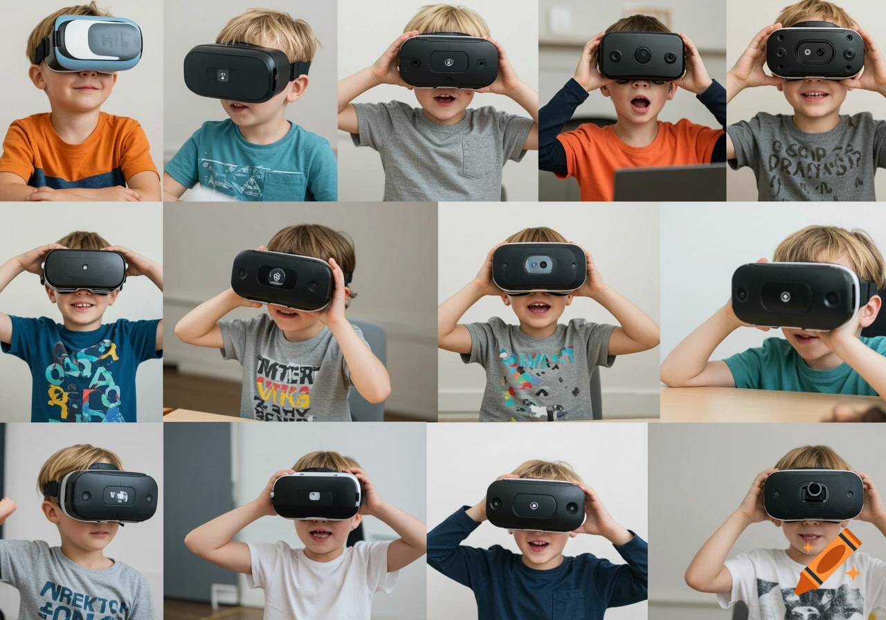 Grid of portraits showing young boys wearing virtual reality headsets.