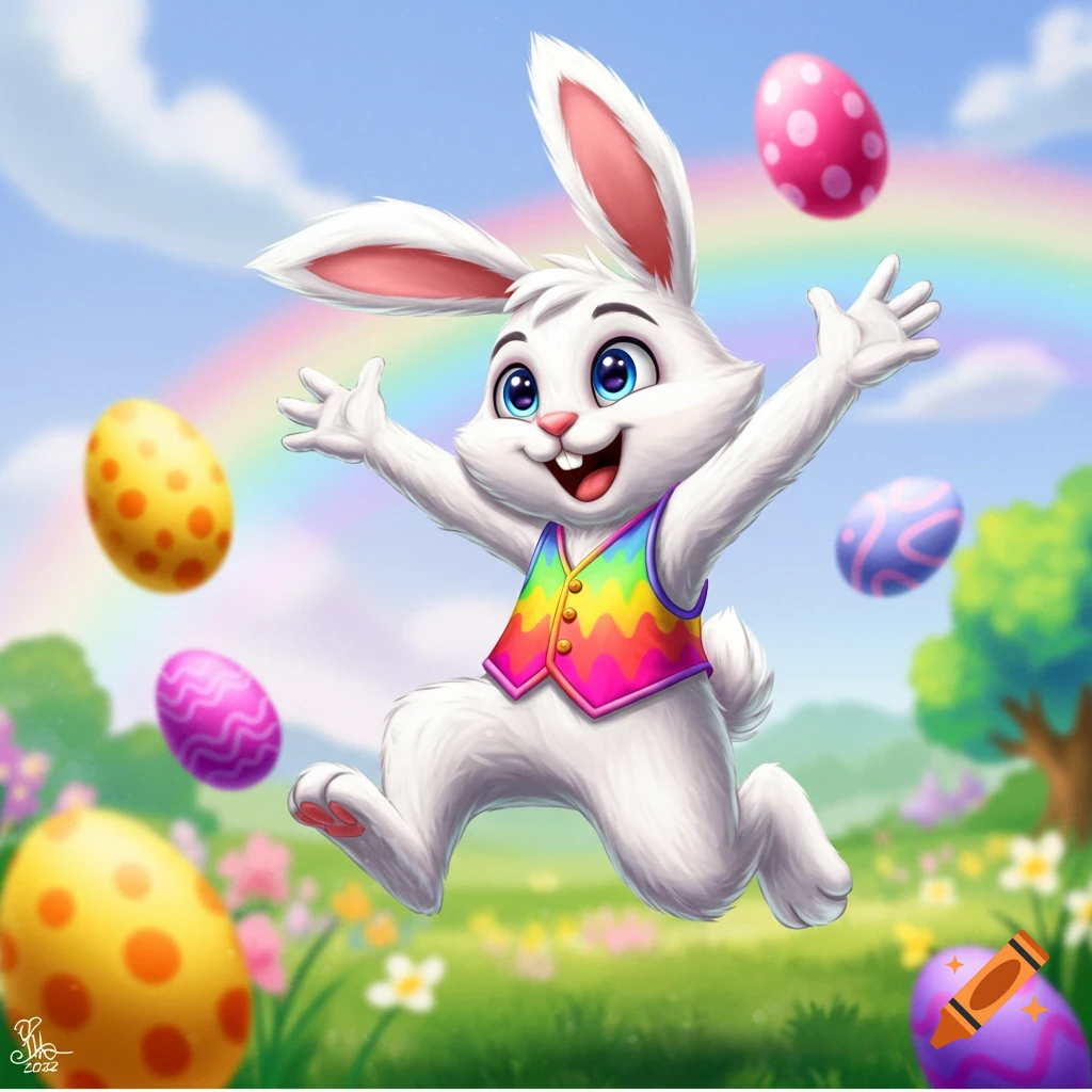 A cartoon Easter bunny jumps happily in a field with Easter eggs and a rainbow.
