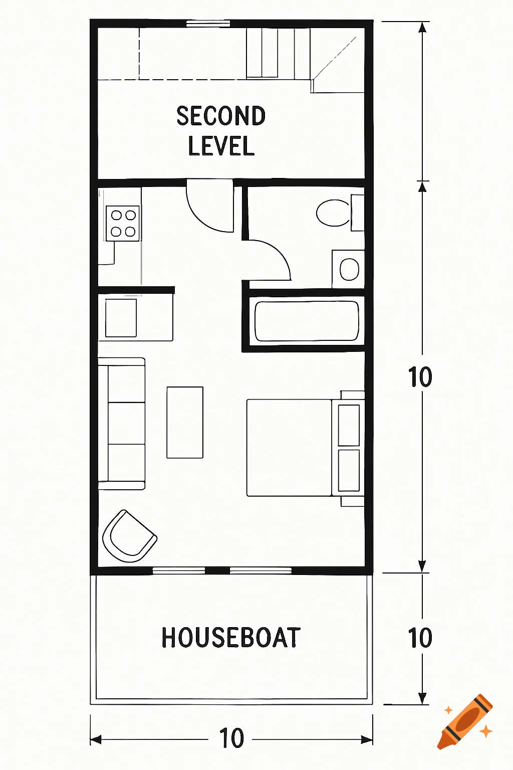 Black and white schematic floor plan of a two-level houseboat.