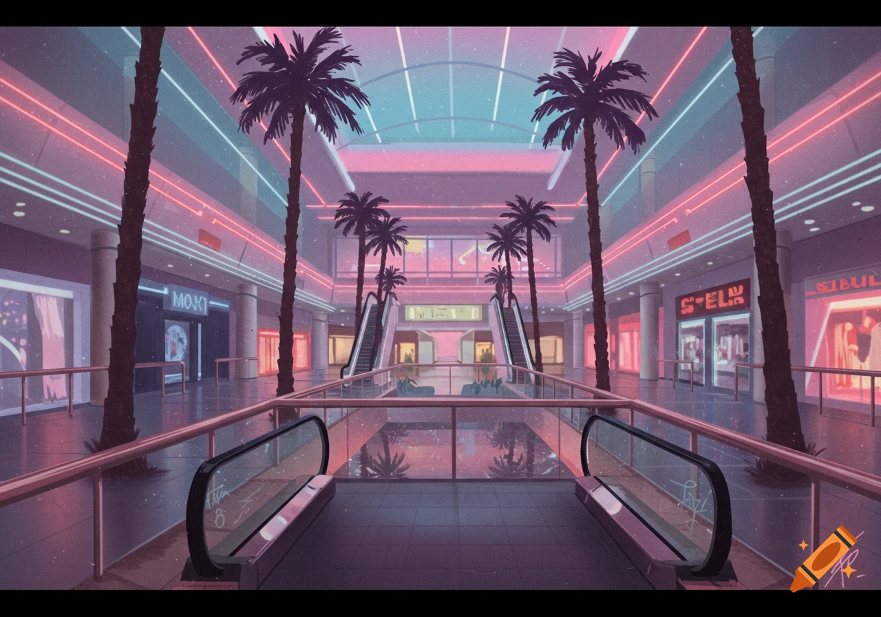 Vaporwave aesthetic of an abandoned 80s mall interior with palm trees, escalators, and neon lights.