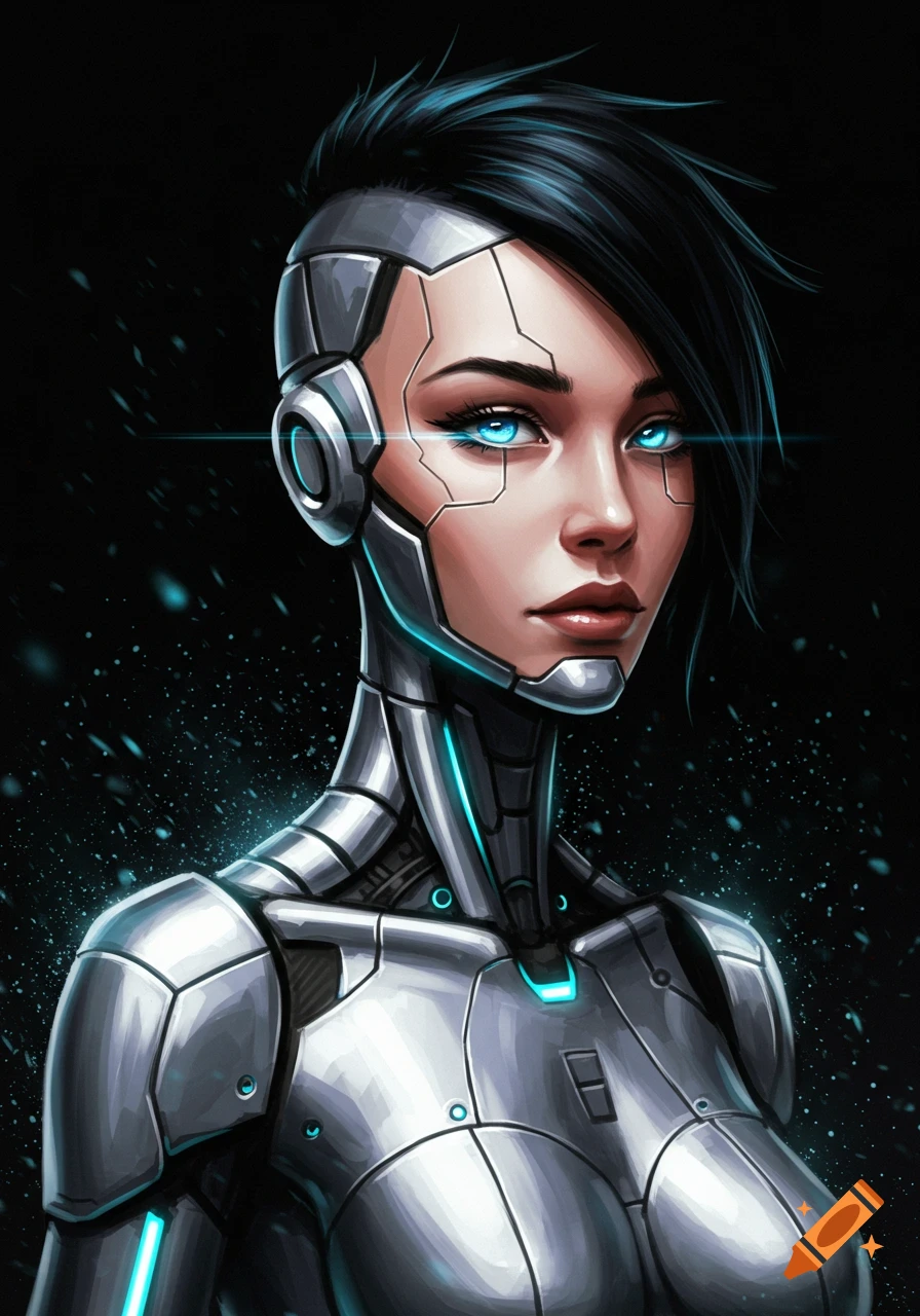 Digital illustration of a female cyborg with mechanical parts and glowing blue eyes.