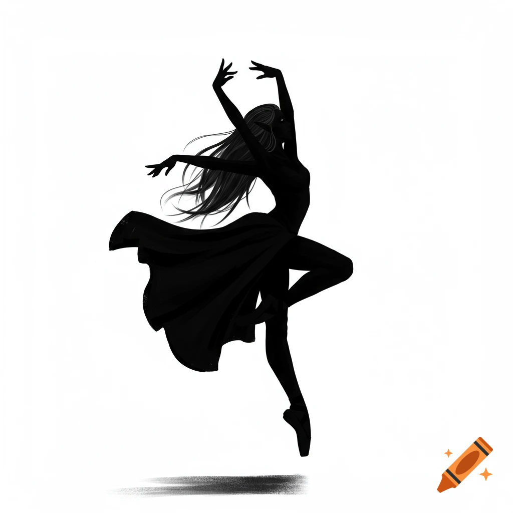 Black silhouette of a dancer in motion against white background