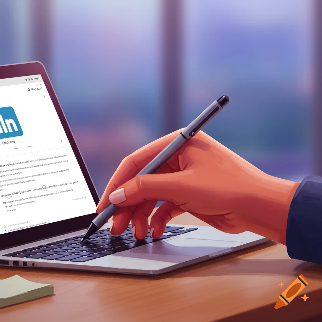 Digital illustration of a hand holding a pen touching a laptop keyboard, with a screen showing text and a logo.
