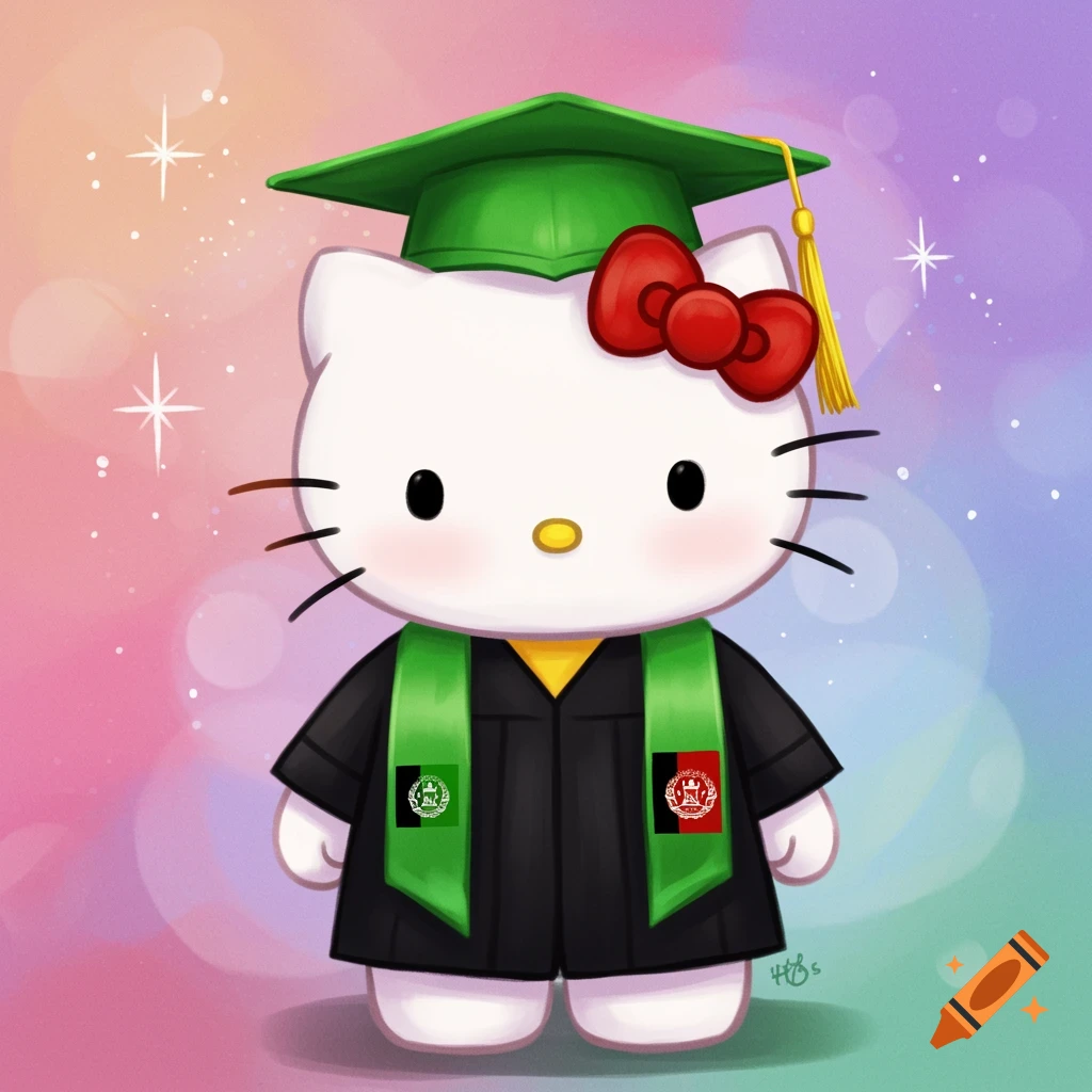 Cartoon Hello Kitty in a graduation gown with an Afghanistan flag sash.