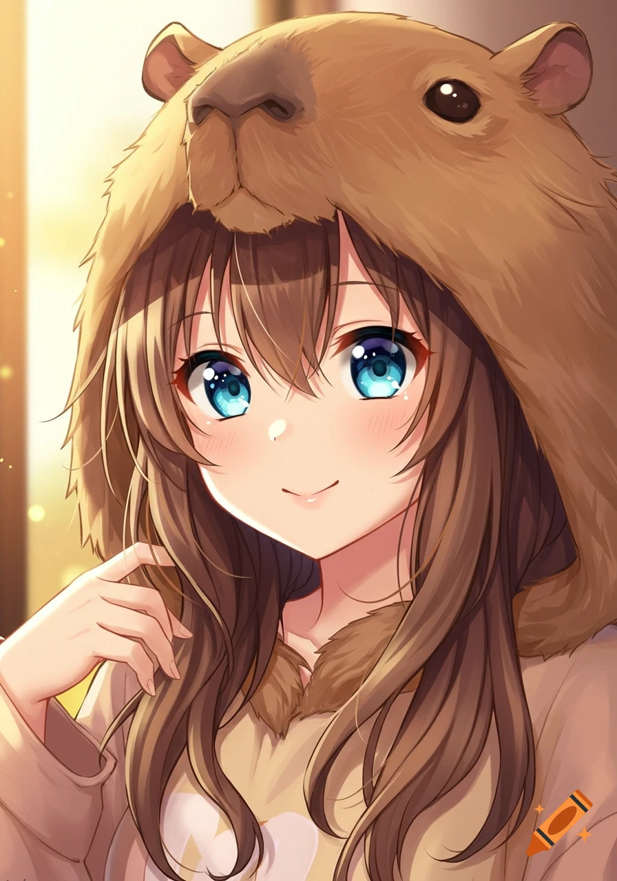 Anime girl with brown hair and bright blue eyes wearing a capybara hood.