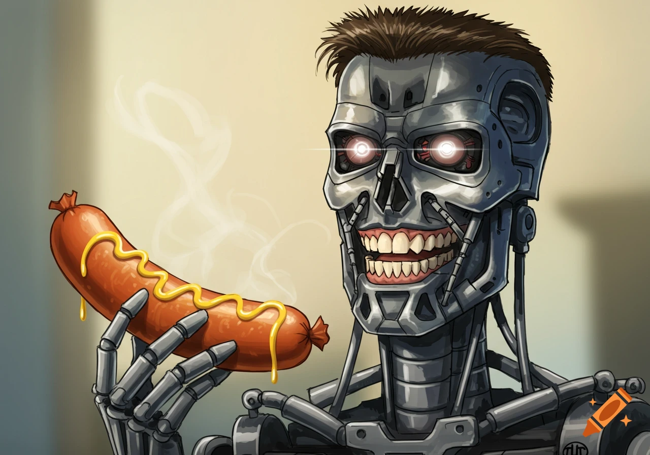Smiling cyborg holds a sausage with mustard, illustration.
