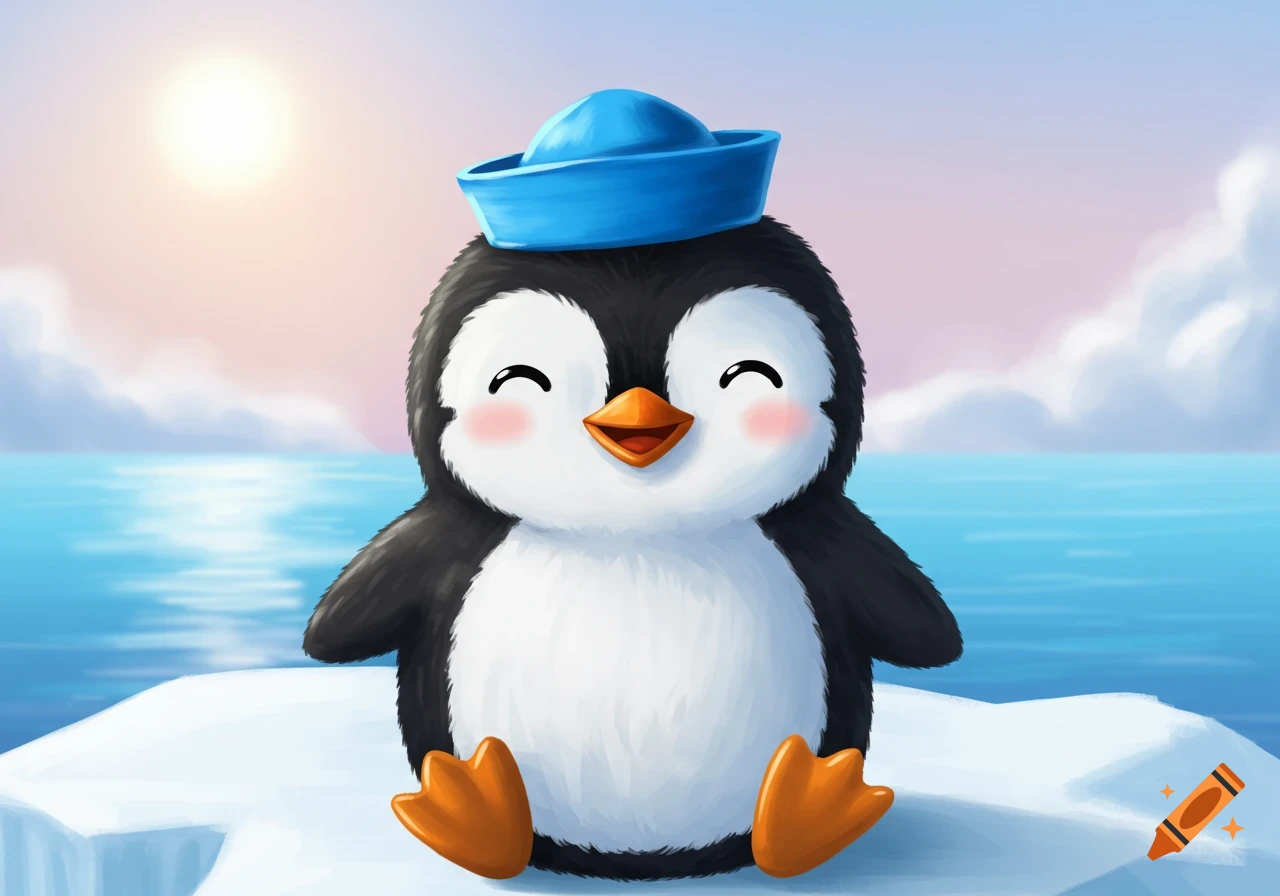 A cute cartoon penguin wearing a blue hat sits on an ice floe in the ocean.