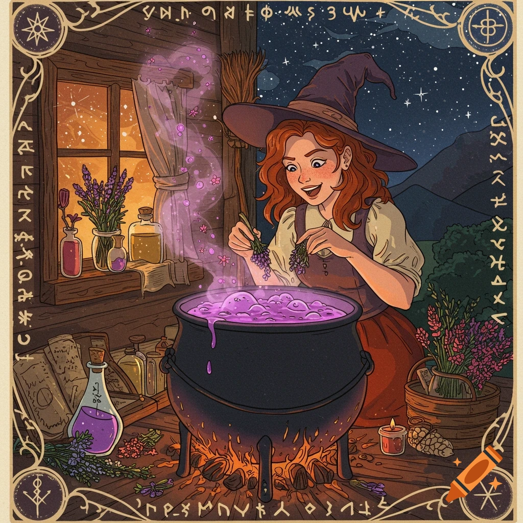 Illustration of a young witch brewing a potion in a cauldron at night.