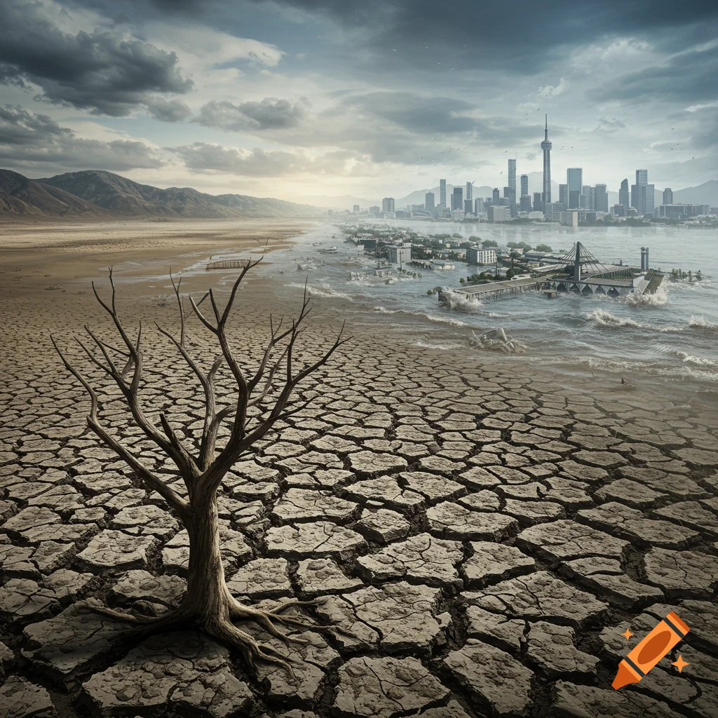 Cracked, dry land with a dead tree contrasts with a flooded city coastline under a stormy sky.