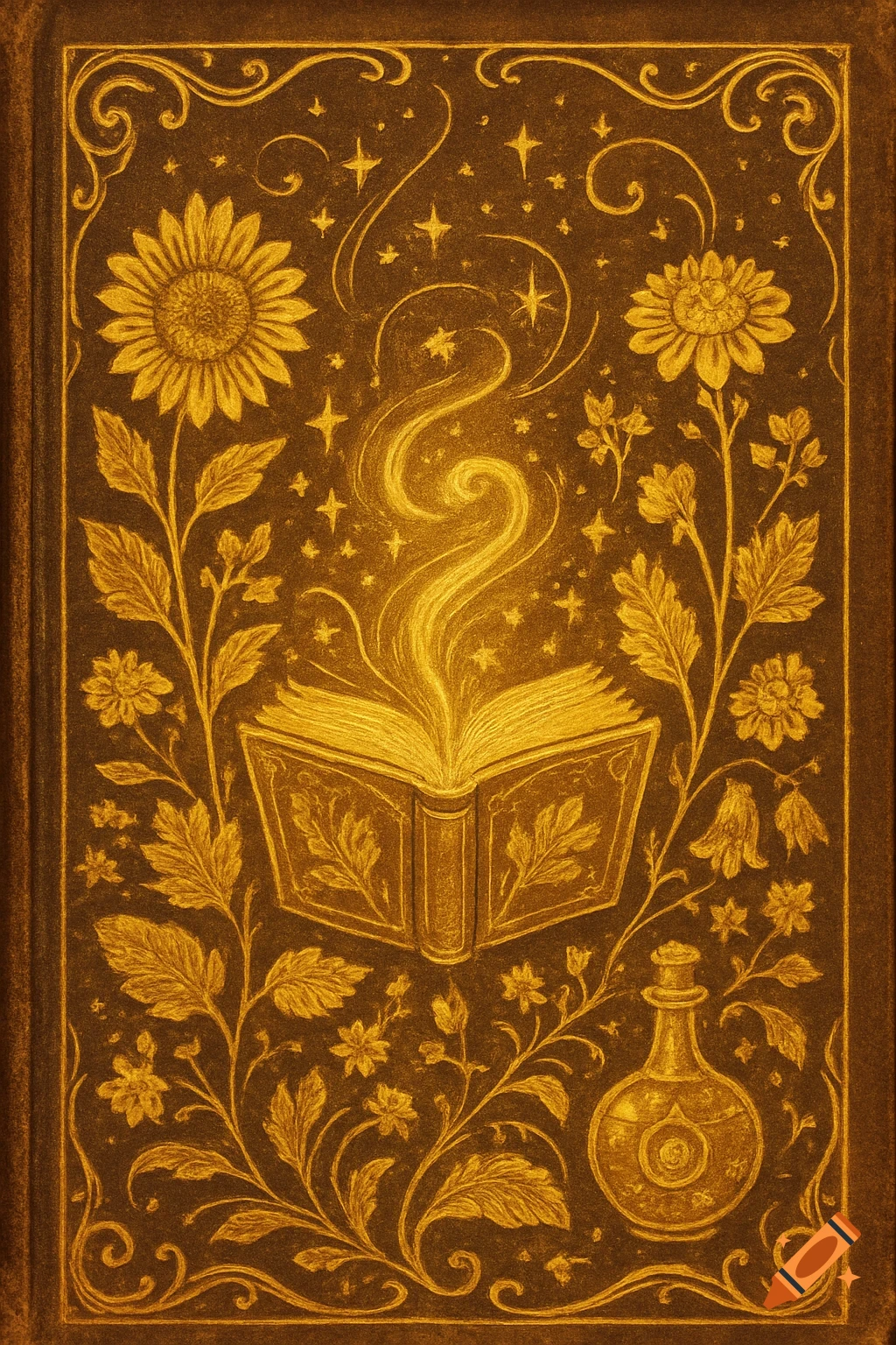 Golden illustration of an open magic book, flowers, stars, and a potion bottle in Art Nouveau style.