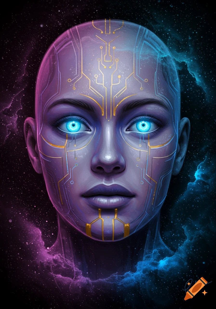 Sci-fi portrait of a cyborg face with circuit patterns and glowing blue eyes against a cosmic background.