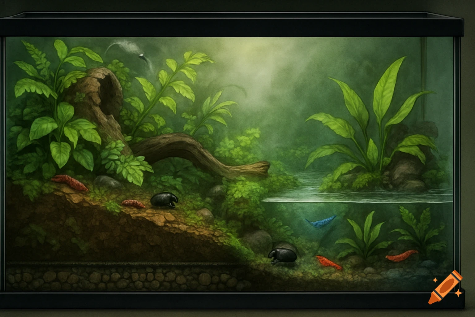 Side-view cutaway of a tank split into a terrestrial bug habitat and aquatic shrimp garden.