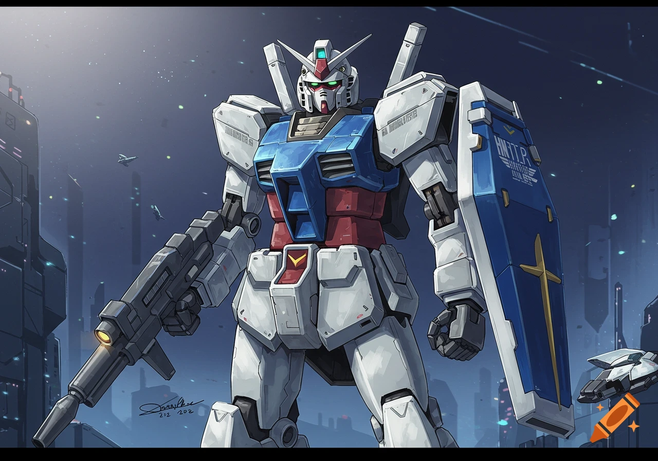 A white, blue, and red Gundam robot stands in a city with a gun and shield.
