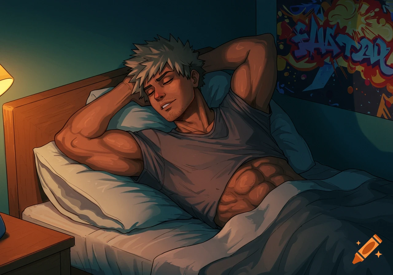 Anime man with muscular build in bed smiling, arms behind head, graffiti art on wall.