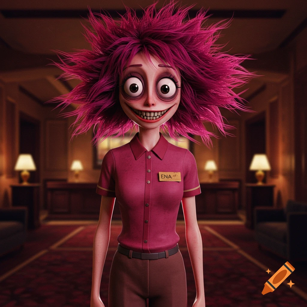A creepy character with messy pink hair and a wide smile wears a hotel uniform in a lobby.