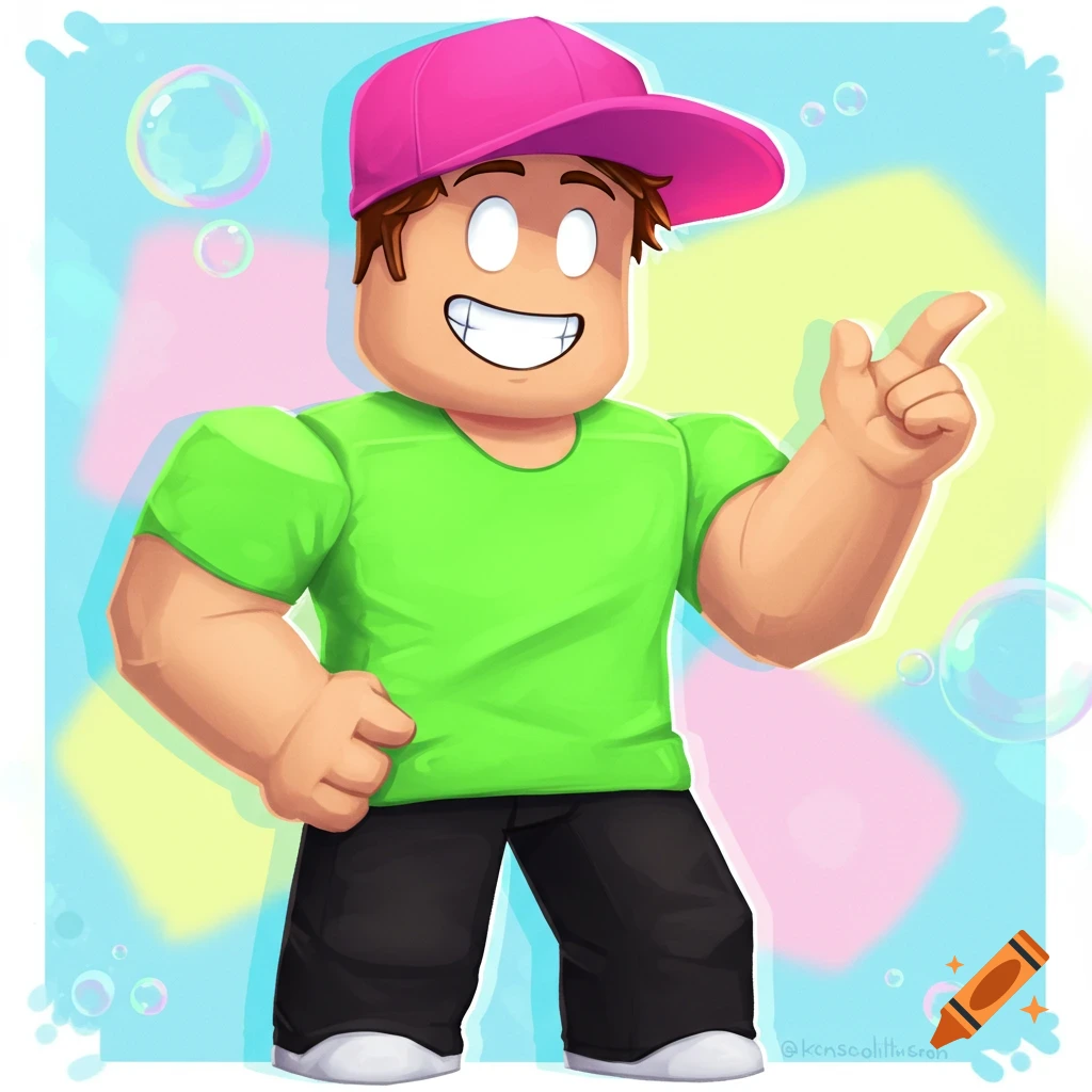 Roblox avatar character pointing with a green shirt, pink cap, and colorful background with bubbles.