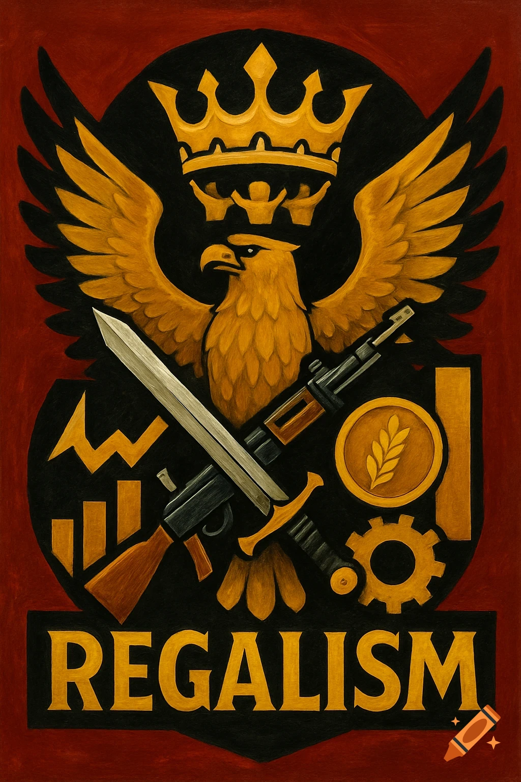 An emblem featuring a golden eagle with a crown, crossed sword and rifle, and symbols of economy, with the text REGALISM below.