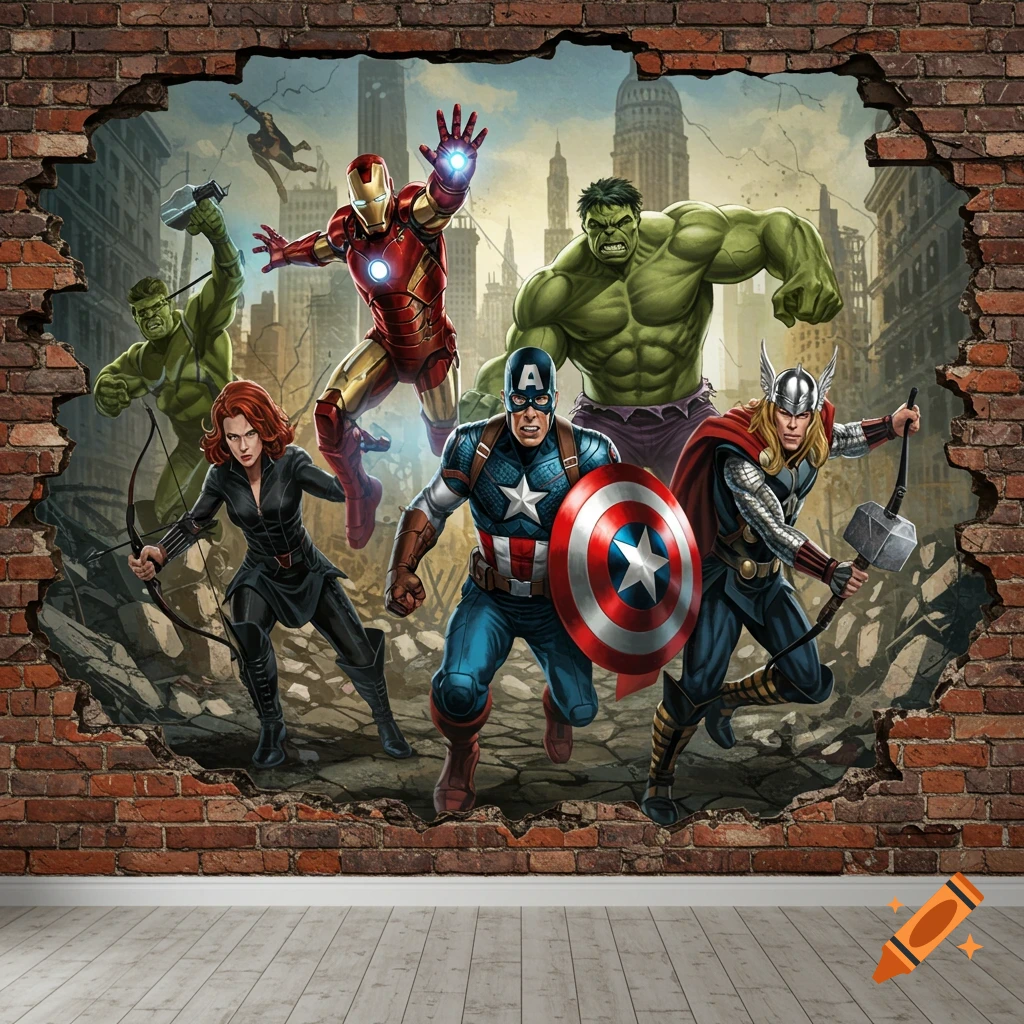 Avengers heroes burst through a brick wall mural.