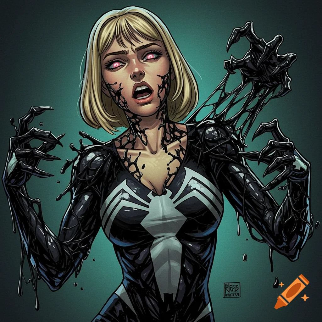 Comic art illustration of a blonde woman in a black suit with a spider symbol, transforming as black tendrils emerge.