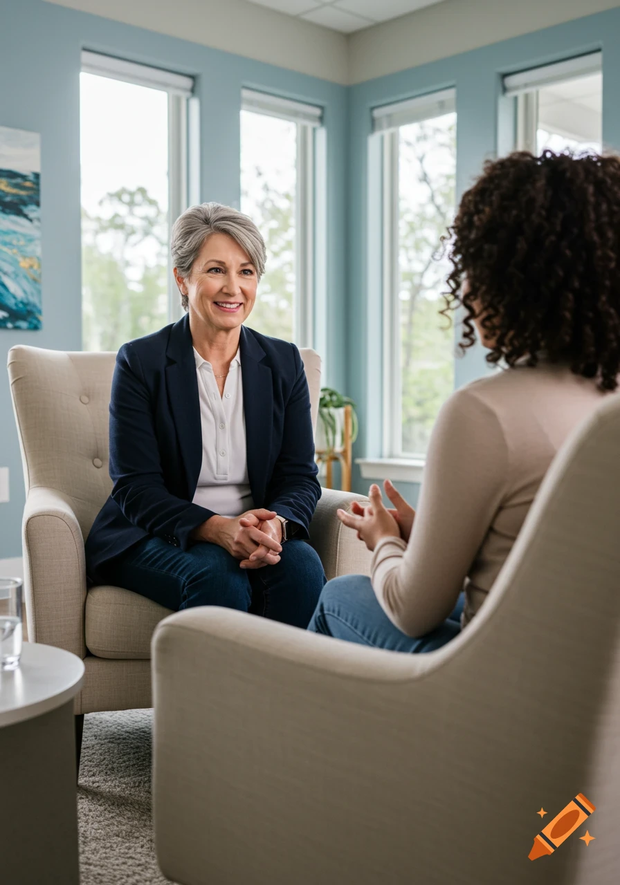 Two women talk in a room during a therapy session