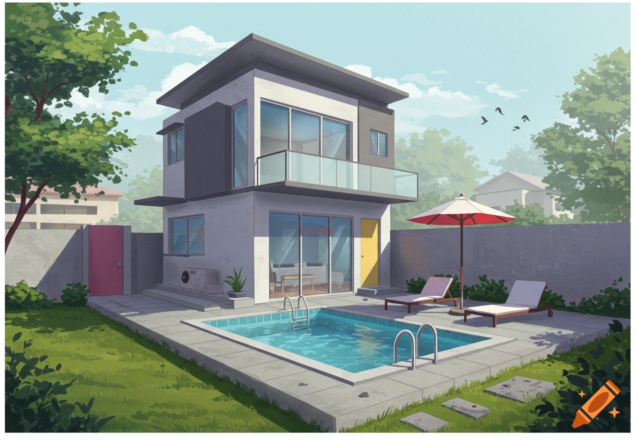 Modern house with a pool in a sunny backyard, stylized illustration.