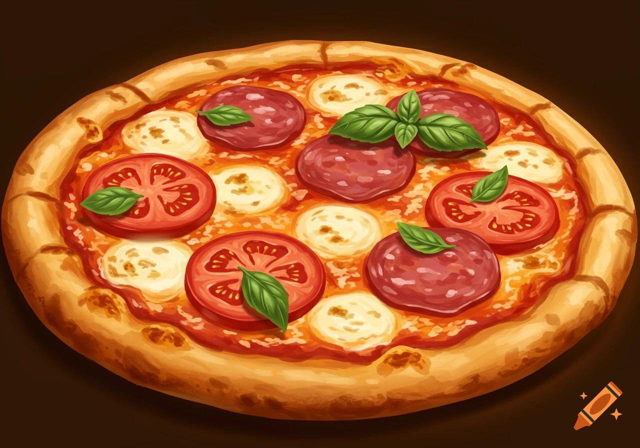 Top-down view of a pizza with pepperoni, mozzarella, tomato slices, and basil leaves.