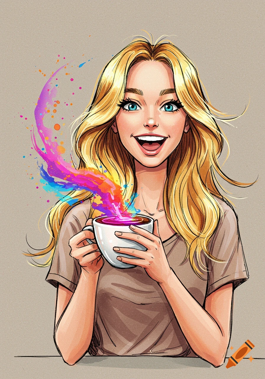 A smiling cartoon woman holds a coffee cup with vibrant colorful splashes coming out, in a sketch style.