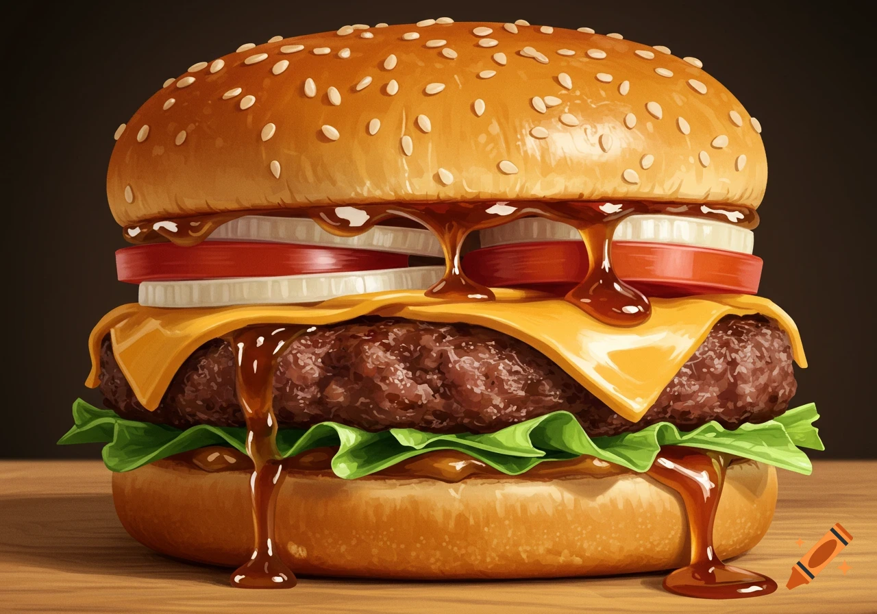 Close-up illustration of a juicy burger dripping with sauce