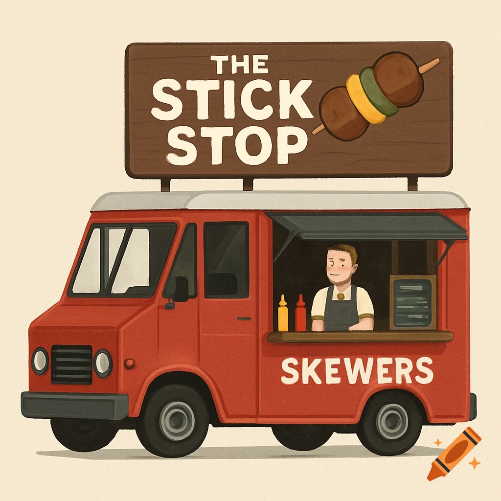 Illustration of a red food truck named The Stick Stop with a vendor selling skewers.