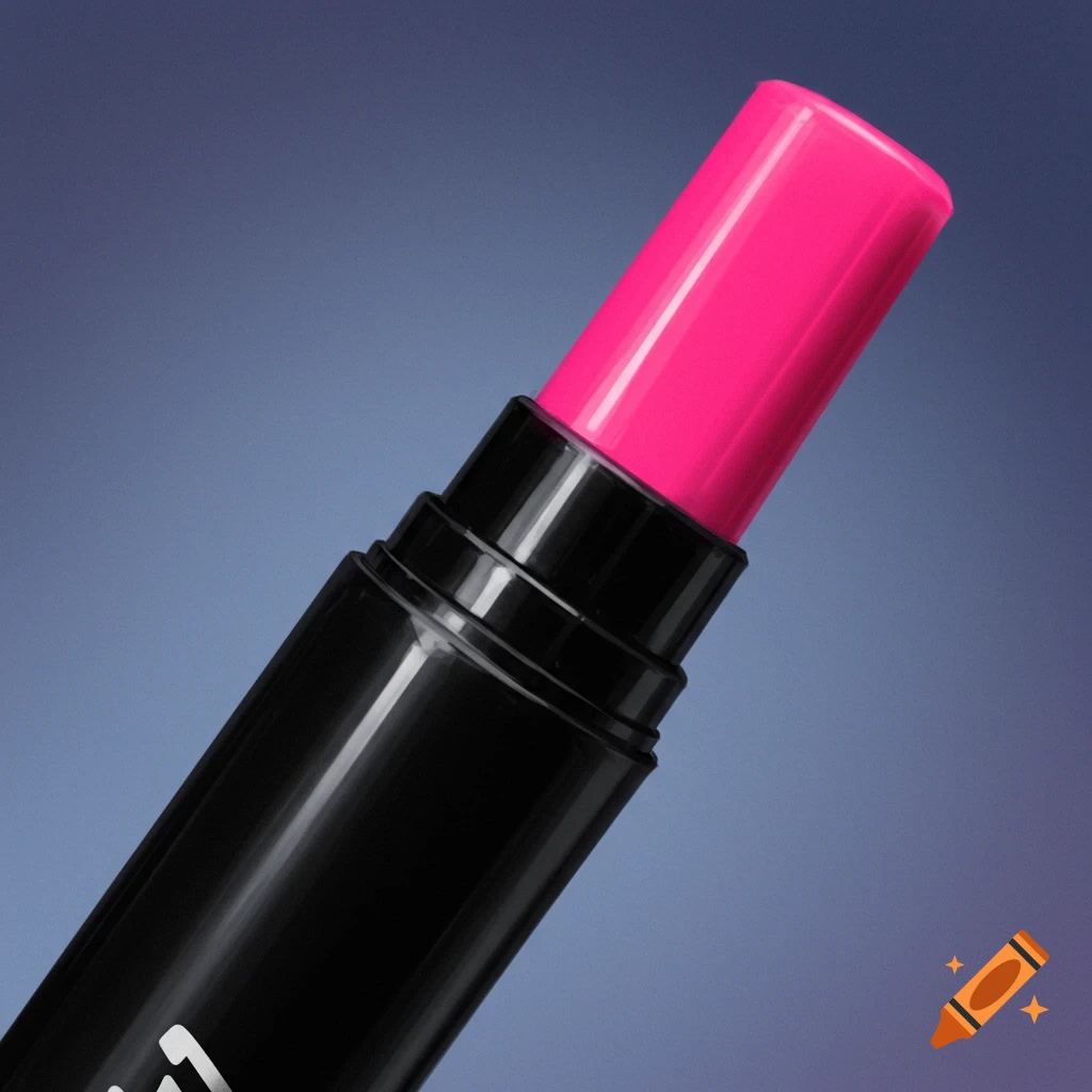 Close-up of a bright pink lip balm or lipstick in a black case against a blue background.