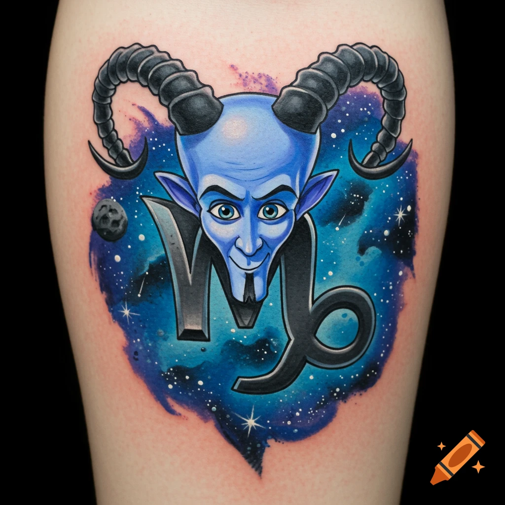 Tattoo of Megamind's head with Capricorn horns merged with the Capricorn symbol on a leg, set against a galaxy background.