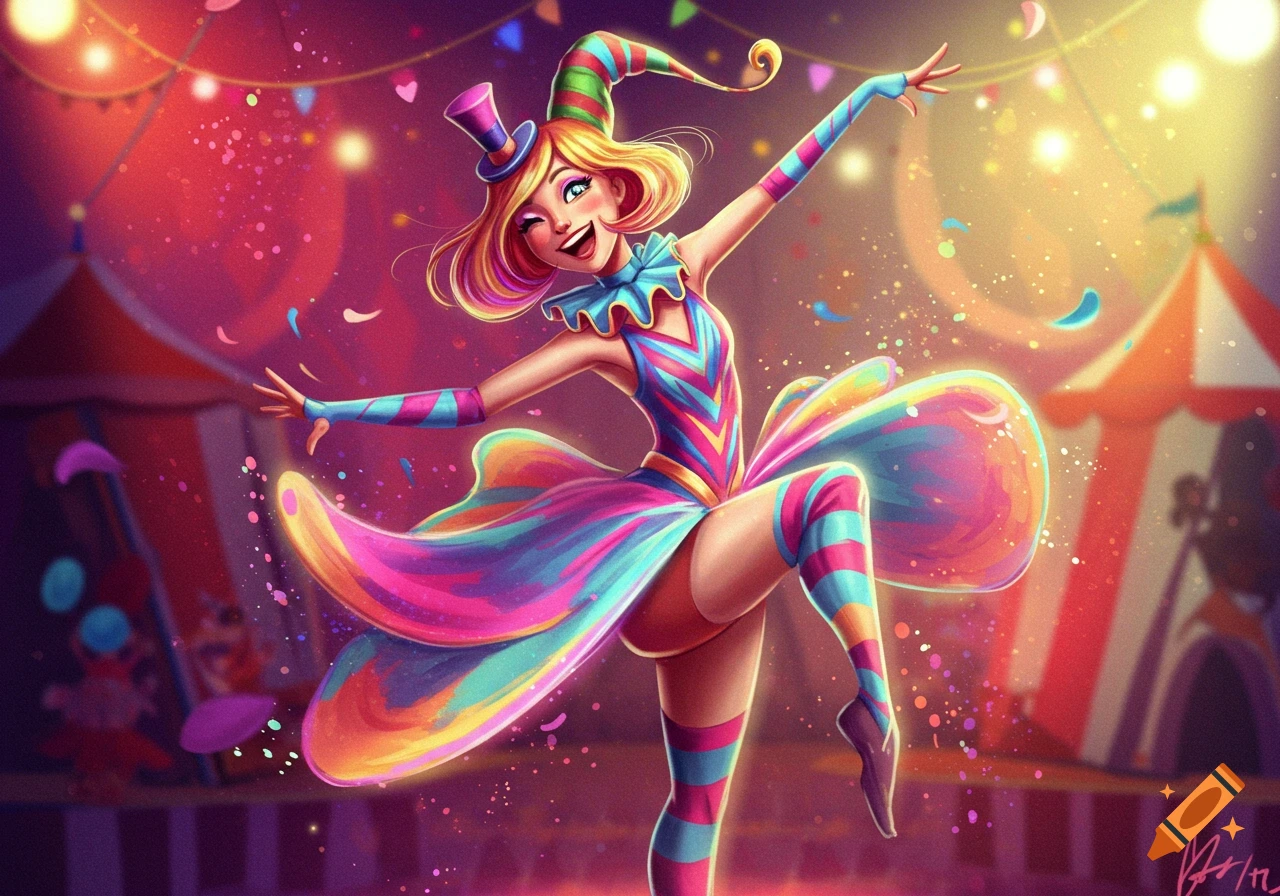 Cartoon illustration of a colorful jester dancing in a circus with confetti and lights.
