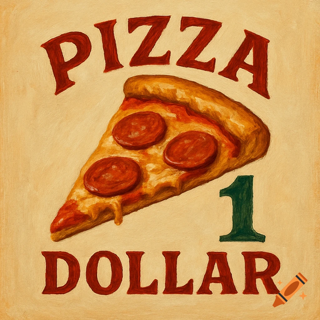 A painted image of a pepperoni pizza slice with 'PIZZA' above and '1 DOLLAR' below it.