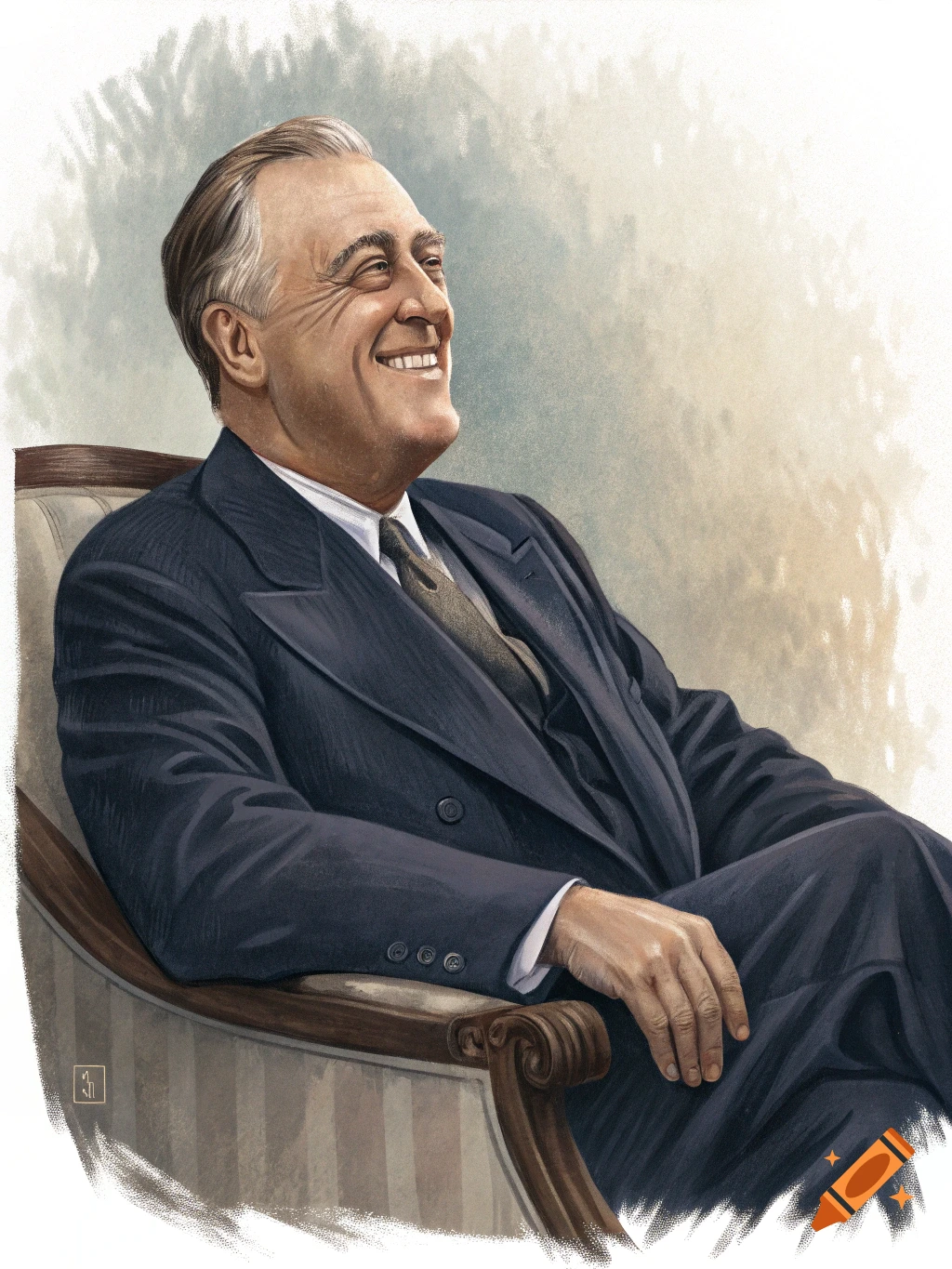 Painting of President Franklin D. Roosevelt smiling while seated.