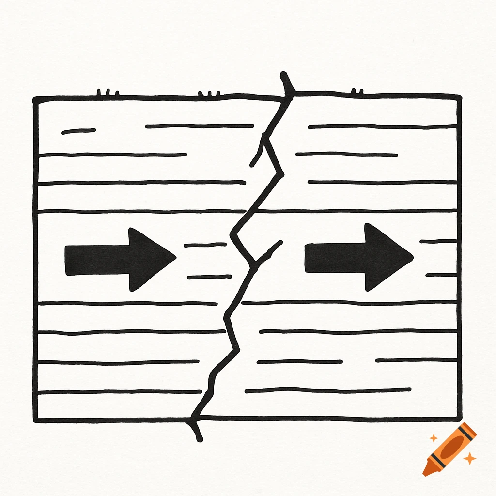 Simple illustration of a cross-section of rock layers with a fault line and arrows showing movement.