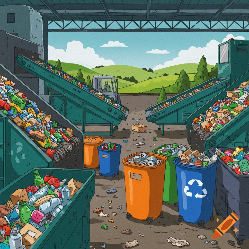 Illustration of a waste recycling plant with conveyor belts, trash bins, and a worker.