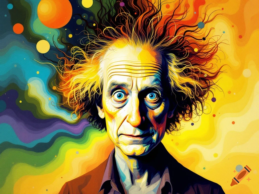 Psychedelic portrait of a man with wild colorful hair against an abstract background.