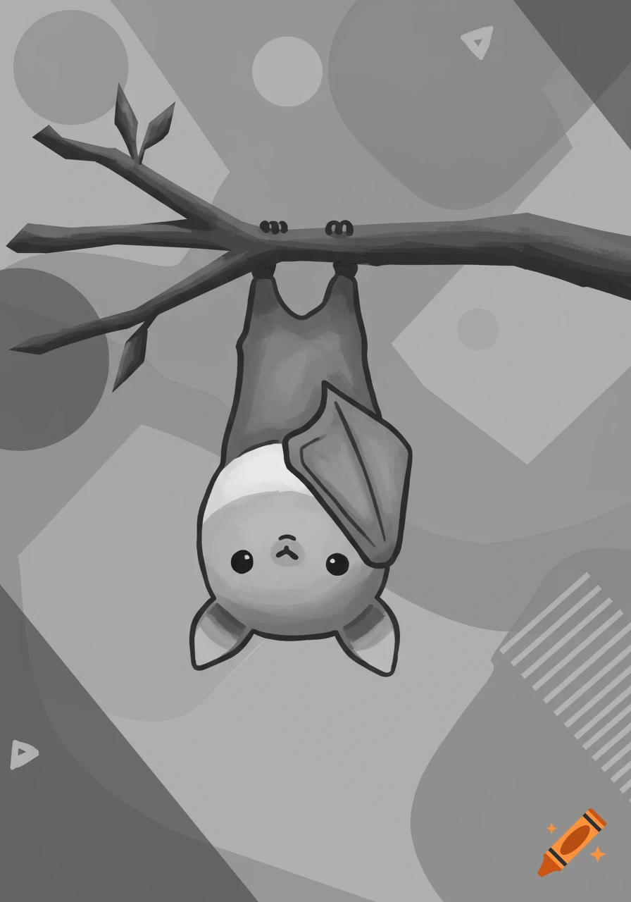 Grayscale cartoon bat hanging upside down from a branch with geometric shapes.