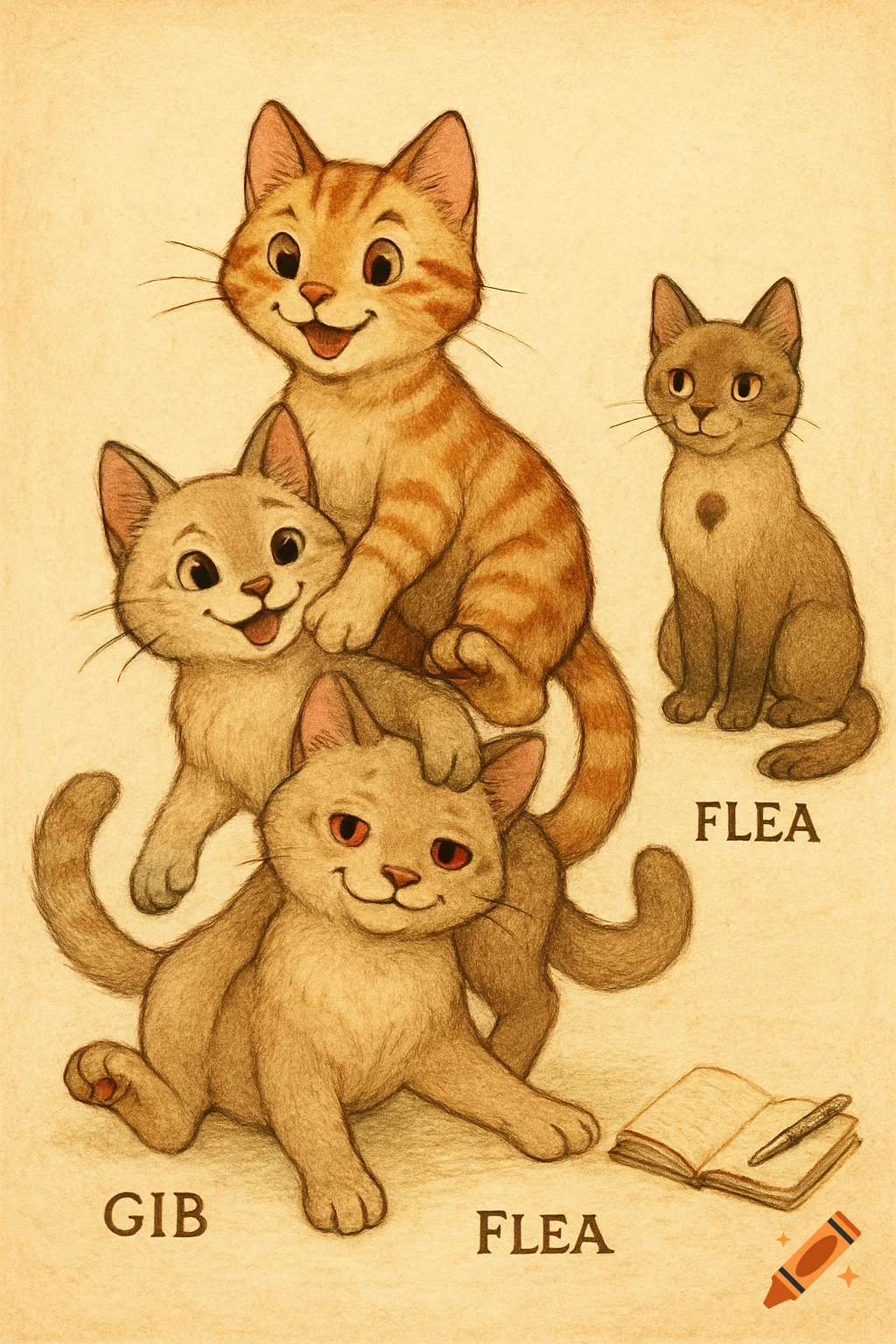 Storybook illustration of three playful cats piled on top of each other, with a fourth cat sitting nearby with a notebook and pen.