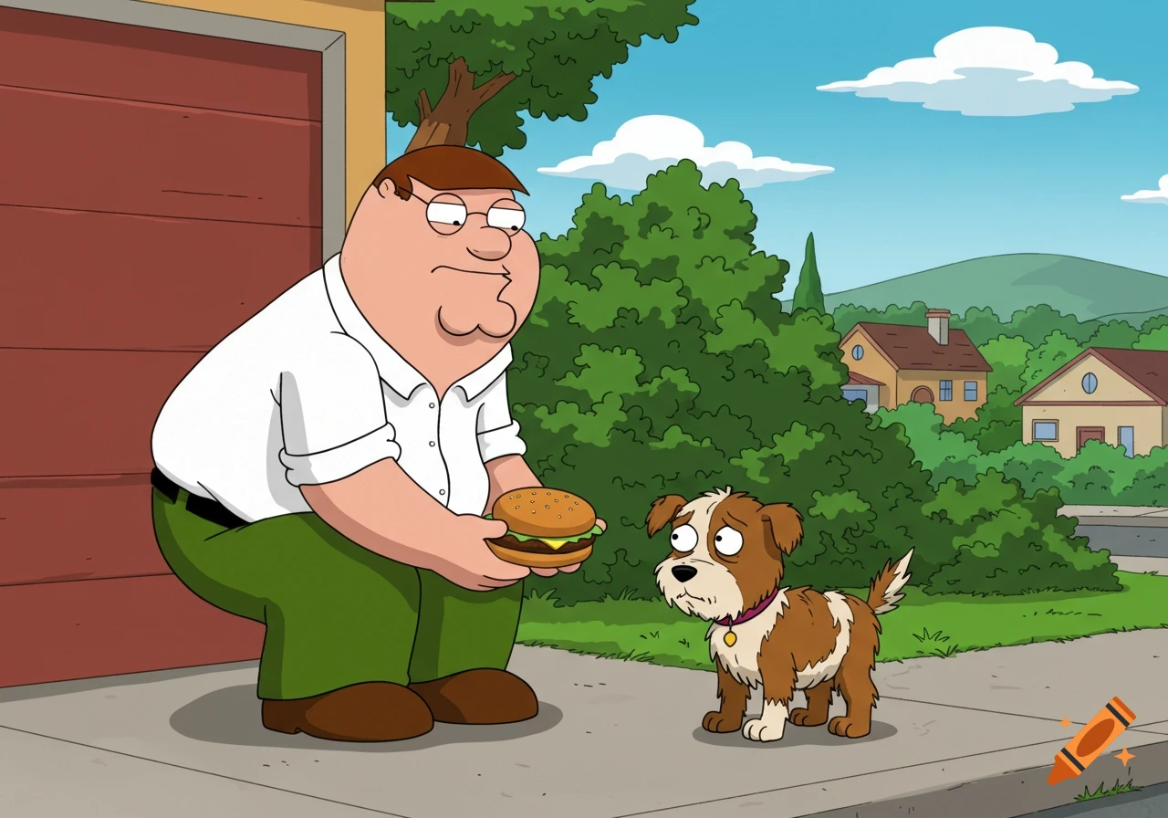 A cartoon man, Peter Griffin, holds a hamburger out to a small dog on a sidewalk in front of a house. The style is cartoon.