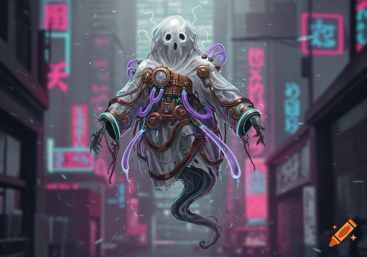 Mechanical ghost floating in a cyberpunk city with neon signs, digital art.