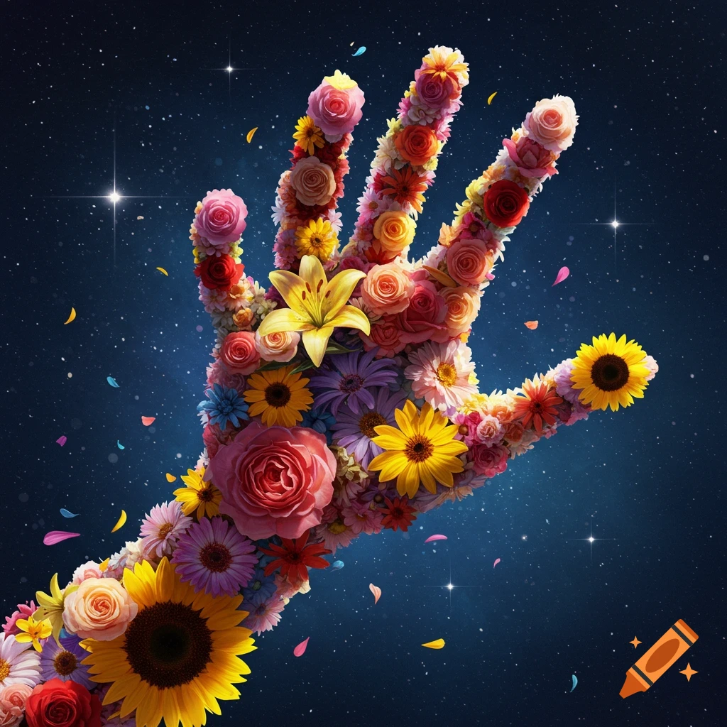 A hand made of colorful flowers reaches out against a starry space background.