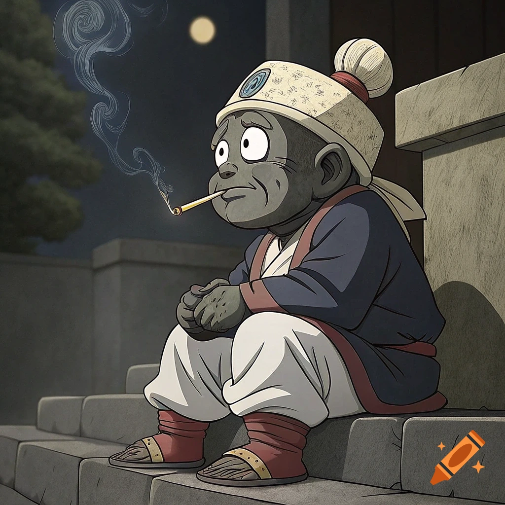 Anime drawing of Mr. Popo from Dragon Ball Z sitting on steps, looking distressed and smoking a cigarette.