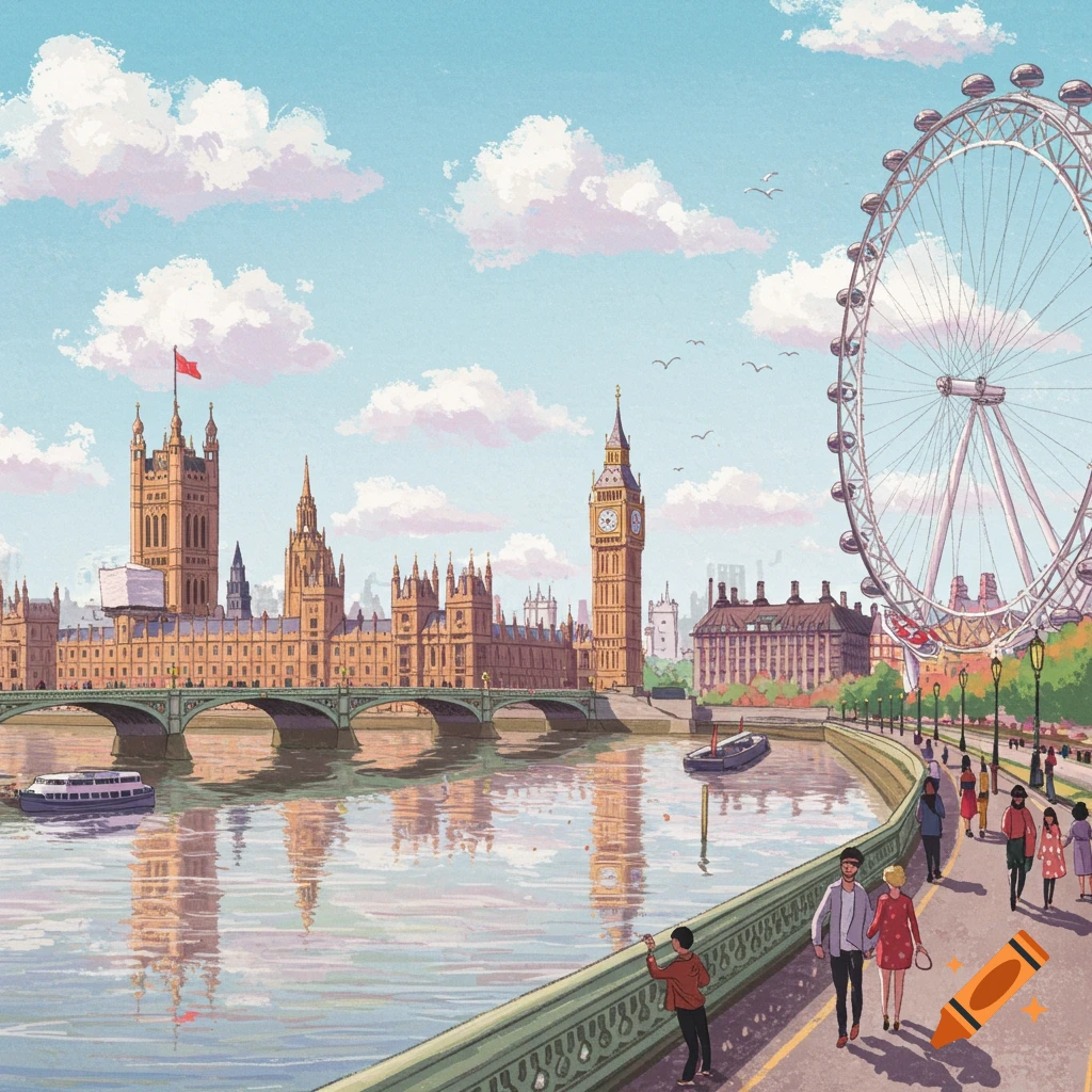 Painting of London skyline with Houses of Parliament, Big Ben, London Eye, and River Thames.