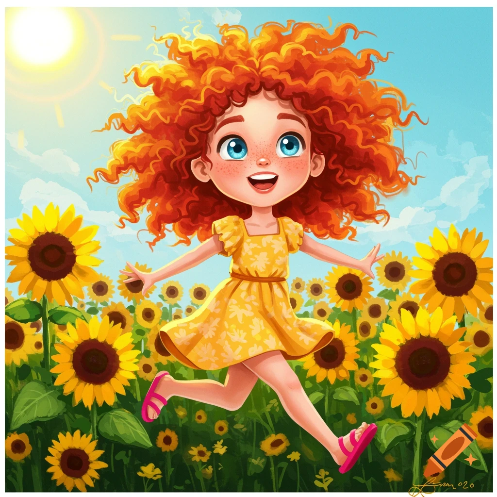 Smiling girl with curly red hair jumps in a field of sunflowers under the sun. Illustration style.