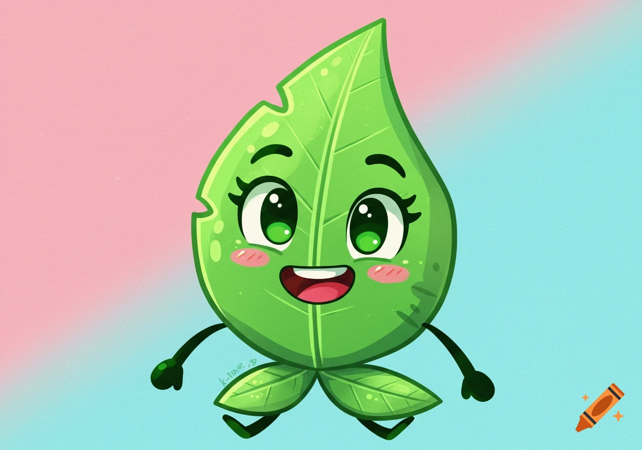 Cartoon green leaf character with large eyes, arms, and legs, against a pink and blue gradient.