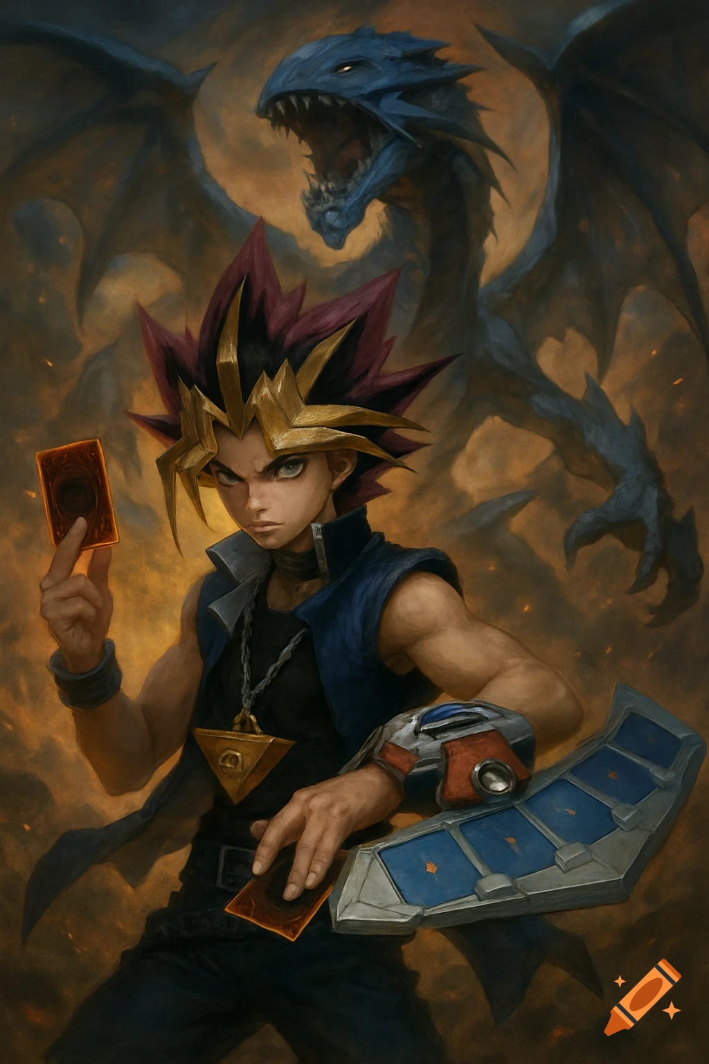 Yugi Mutou holds a trading card with a Blue-Eyes White Dragon behind him in a painted illustration.